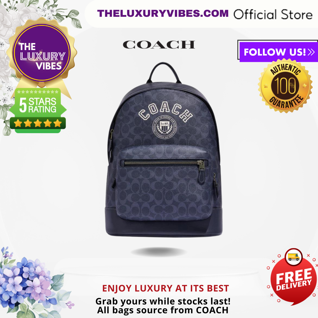 COACH West Backpack in Signature Canvas with Varsity Motif - Blue CB909