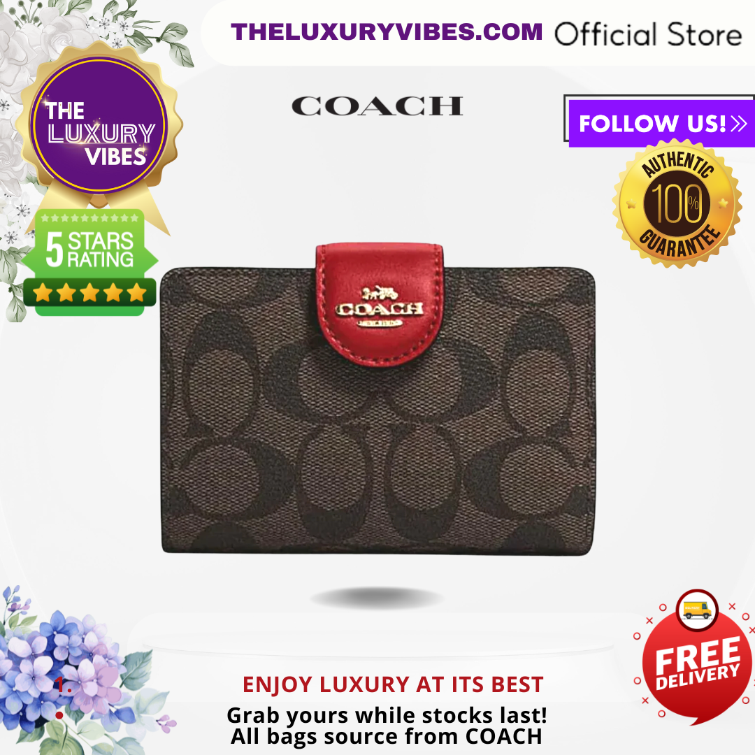 COACH Medium Corner Zip Wallet in Signature Canvas - Brown Red