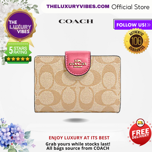 COACH Medium Corner Zip Wallet in Signature Canvas - Khaki Confetti Pink