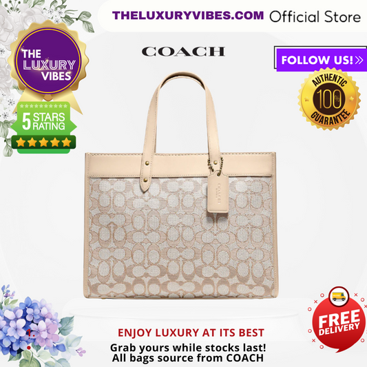 COACH Field Tote 30 In Signature Jacquard Brass/Stone Ivory C3282