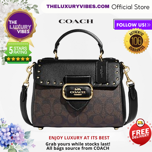 COACH Morgan Top Handle Satchel In Colorblock Signature Canvas With Rivets in Brown Black Multi CF322