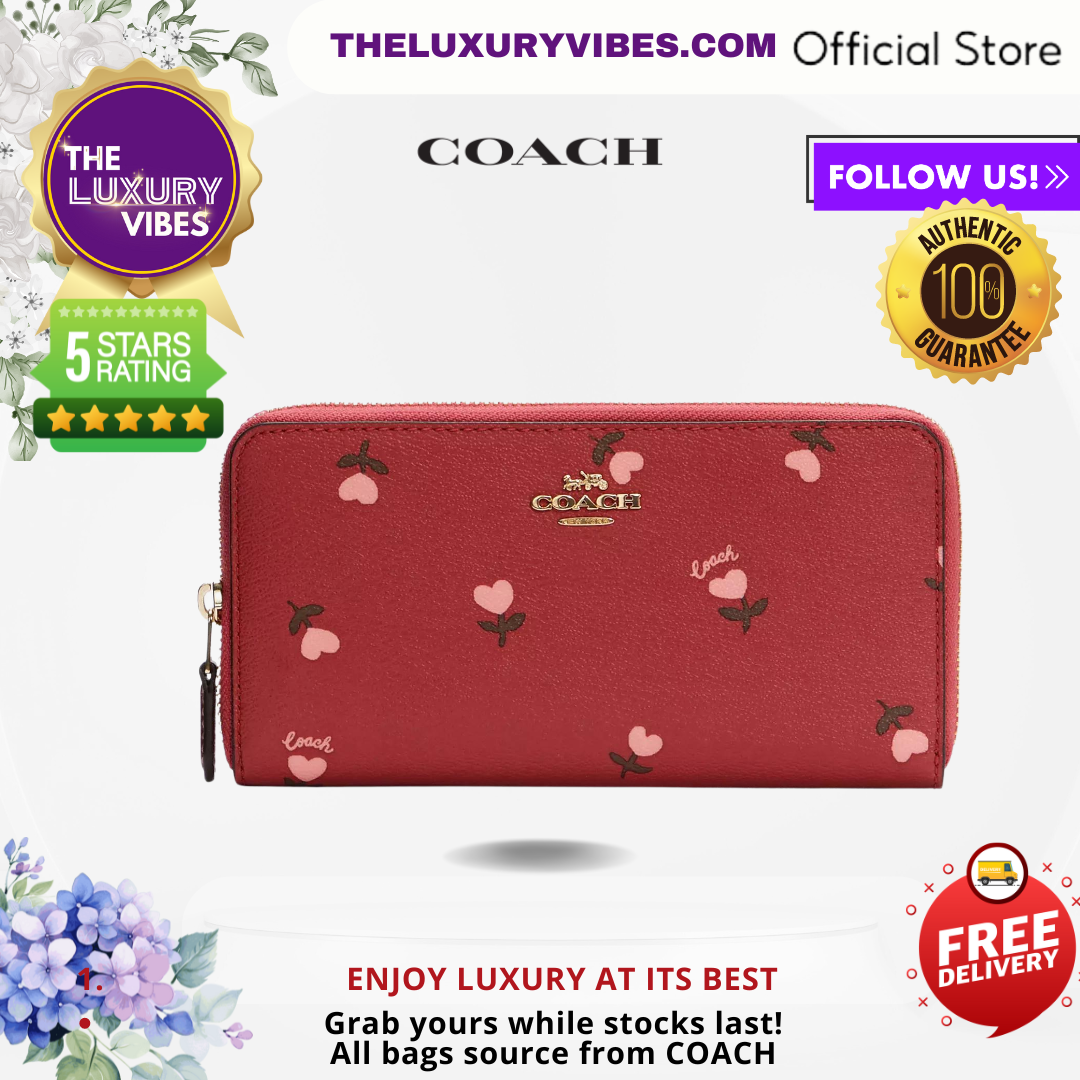 Coach Accordion Zip Wallet With Heart Floral Print in Wine Multi C3287