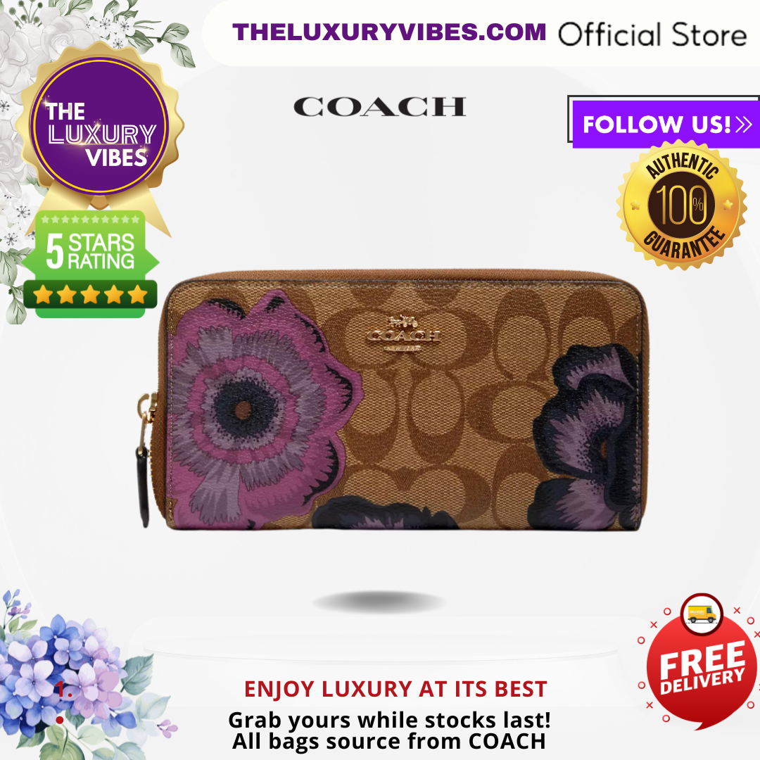 COACH Accordion Zip Wallet in Signature Canvas with Kaffe Fassett Print in Purple multi 6657