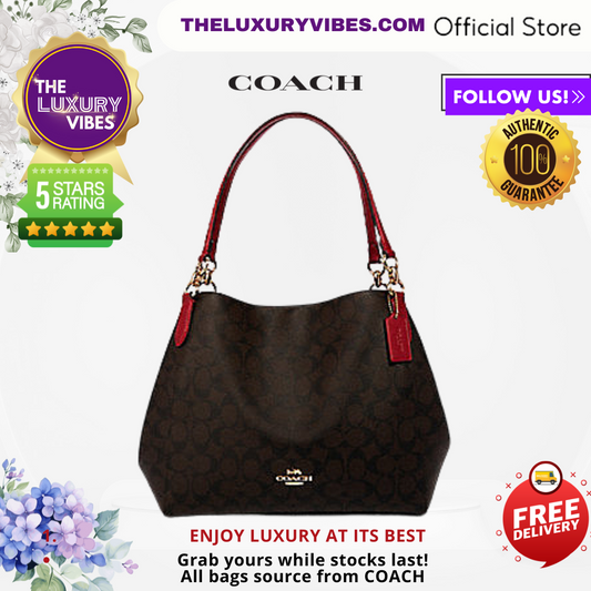 COACH Hallie Shoulder Bag Signature Canvas-Brown/True Red