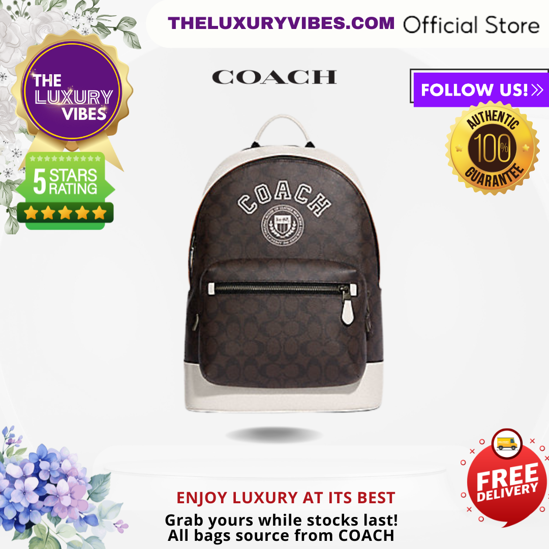 COACH West Backpack in Signature Canvas with Varsity Motif - White CB909