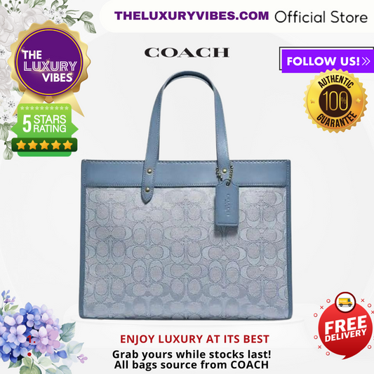 COACH Field Tote 30 with Signature Jacquard Light Blue C3282