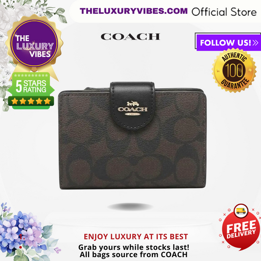 COACH Medium Corner Zip Wallet in Signature Canvas - Brown Black