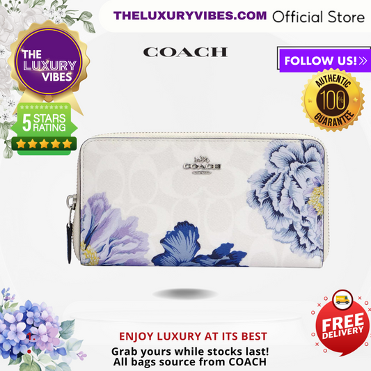 COACH Accordion Zip Wallet in Signature Canvas with Kaffe Fasset Print in periwinkle 6656