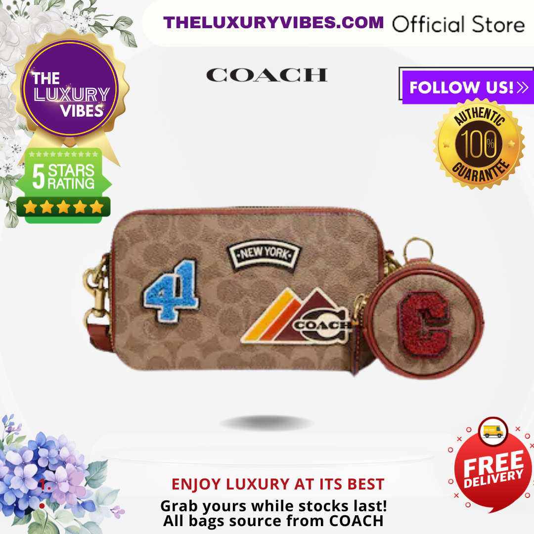 COACH Charter Slim Crossbody In Signature Canvas With Patches- Tan/Rust Multi C6744