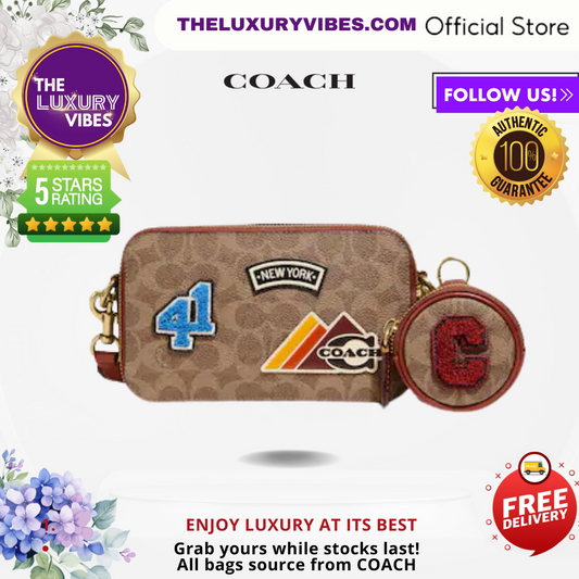 COACH Charter Slim Crossbody In Signature Canvas With Patches- Tan/Rust Multi C6744