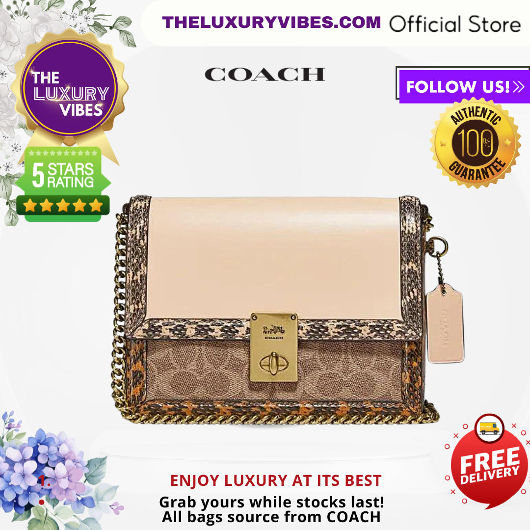 COACH Hutton Shoulder Bag In Blocked Signature Canvas With Snakeskin Detail-brass/Tan Sand