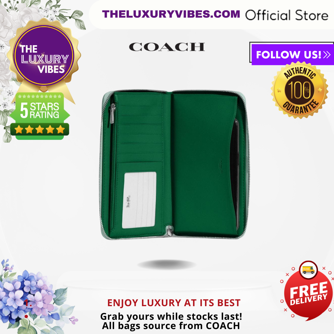 Coach Dempsey Large Phone Wallet in Signature Jacquard with Stripe and Coach Patch - Green C9073