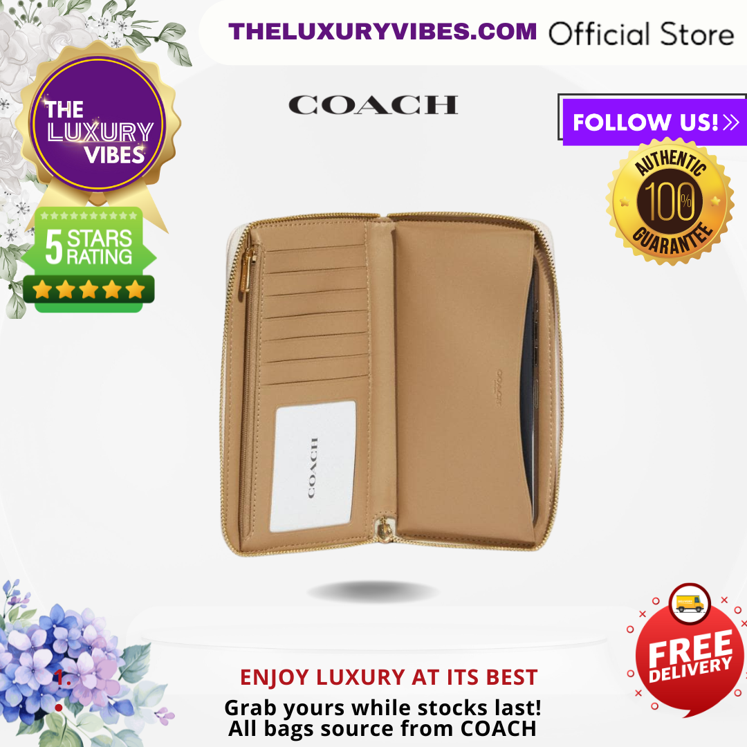 Coach Dempsey Large Phone Wallet in Signature Jacquard with Stripe and Coach Patch - Light Khaki Chalk C9073