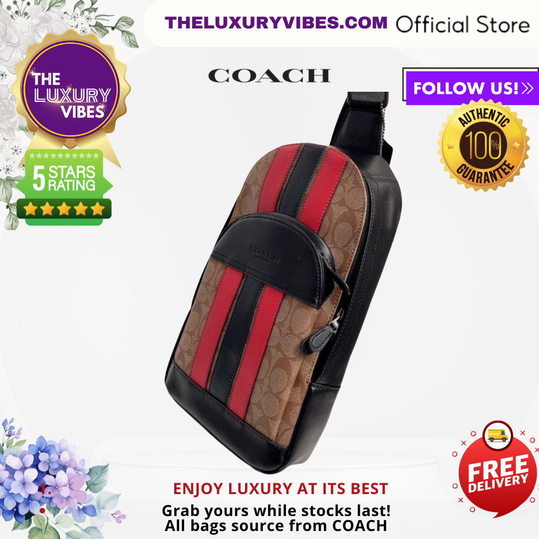 COACH Houston Pack with Signature Canvas With Varsity Stripe in Red black F85035