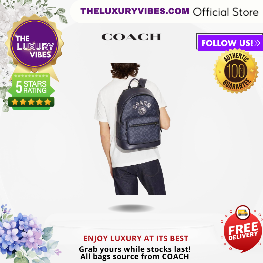 COACH West Backpack in Signature Canvas with Varsity Motif - Blue CB909