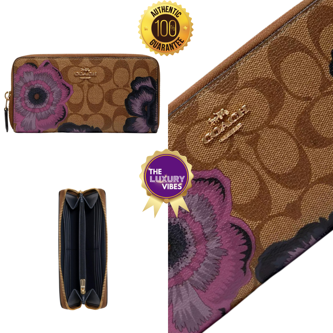 COACH Accordion Zip Wallet in Signature Canvas with Kaffe Fassett Print in Purple multi 6657