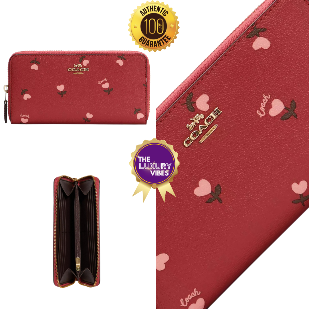 Coach Accordion Zip Wallet With Heart Floral Print in Wine Multi C3287