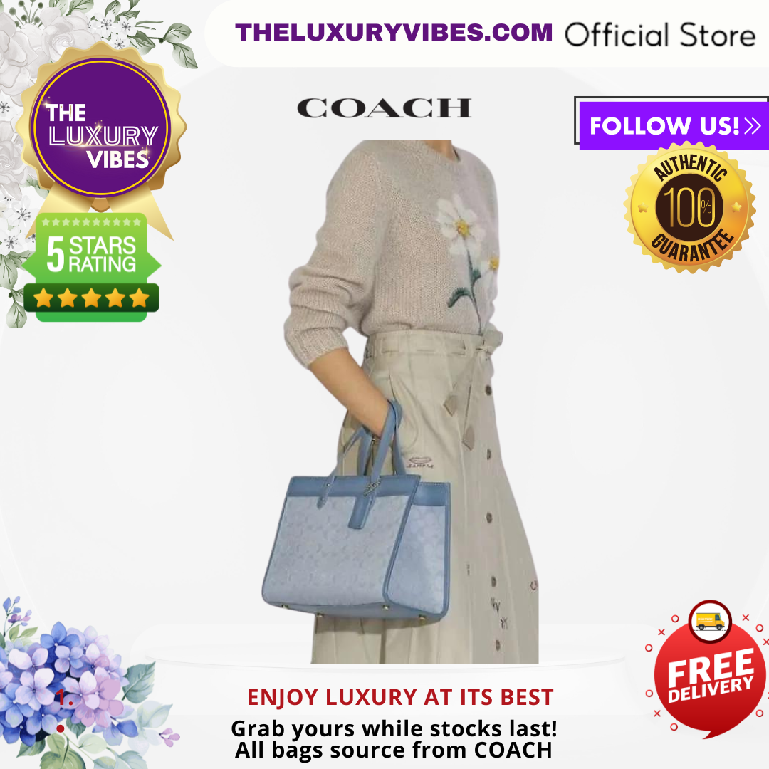 COACH Field Tote 30 with Signature Jacquard Light Blue C3282