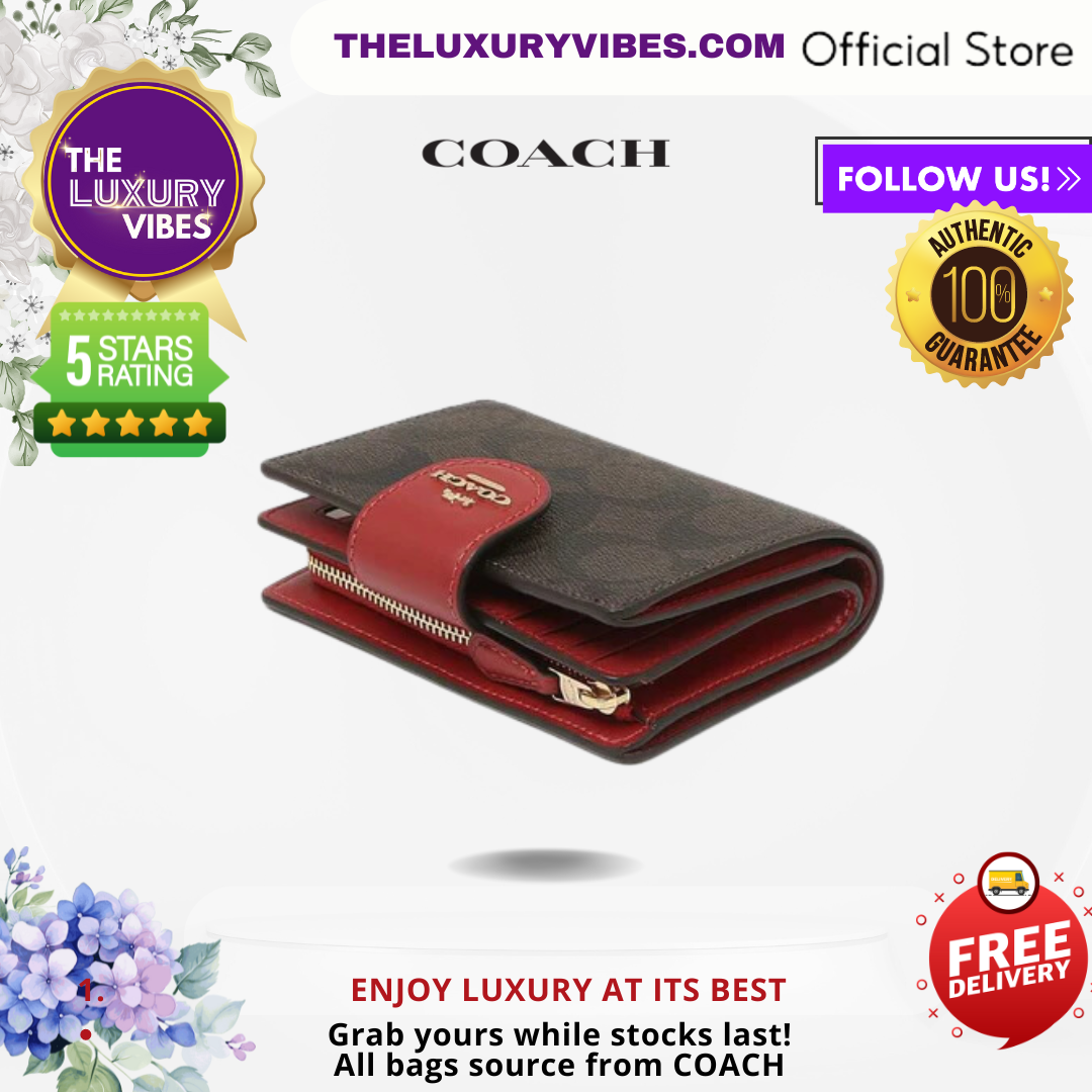 COACH Medium Corner Zip Wallet in Signature Canvas - Brown Red