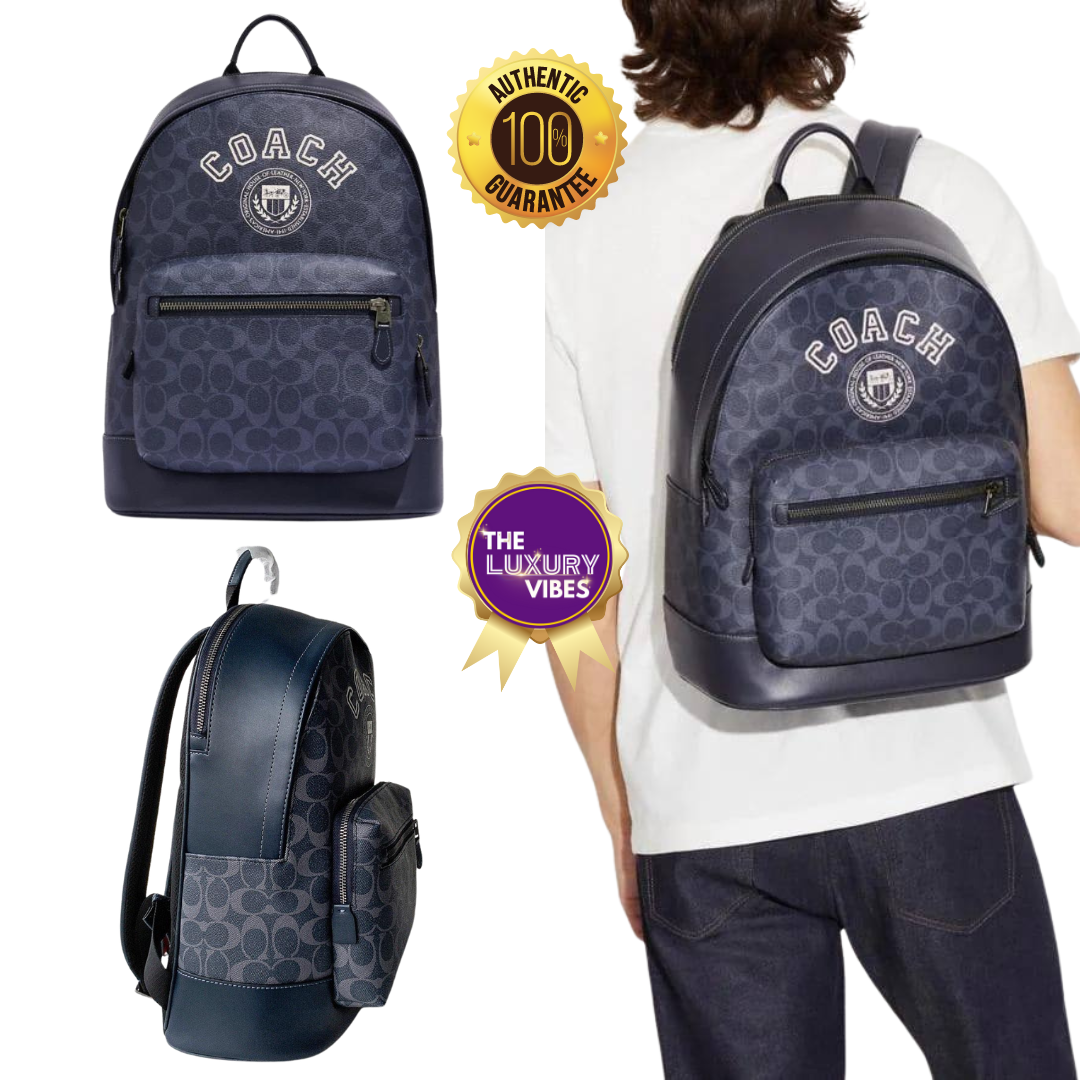 COACH West Backpack in Signature Canvas with Varsity Motif - Blue CB909