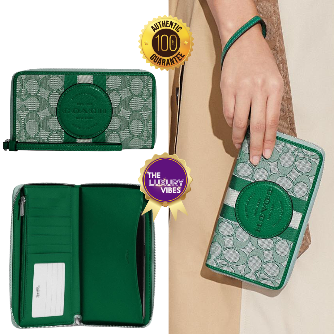 Coach Dempsey Large Phone Wallet in Signature Jacquard with Stripe and Coach Patch - Green C9073