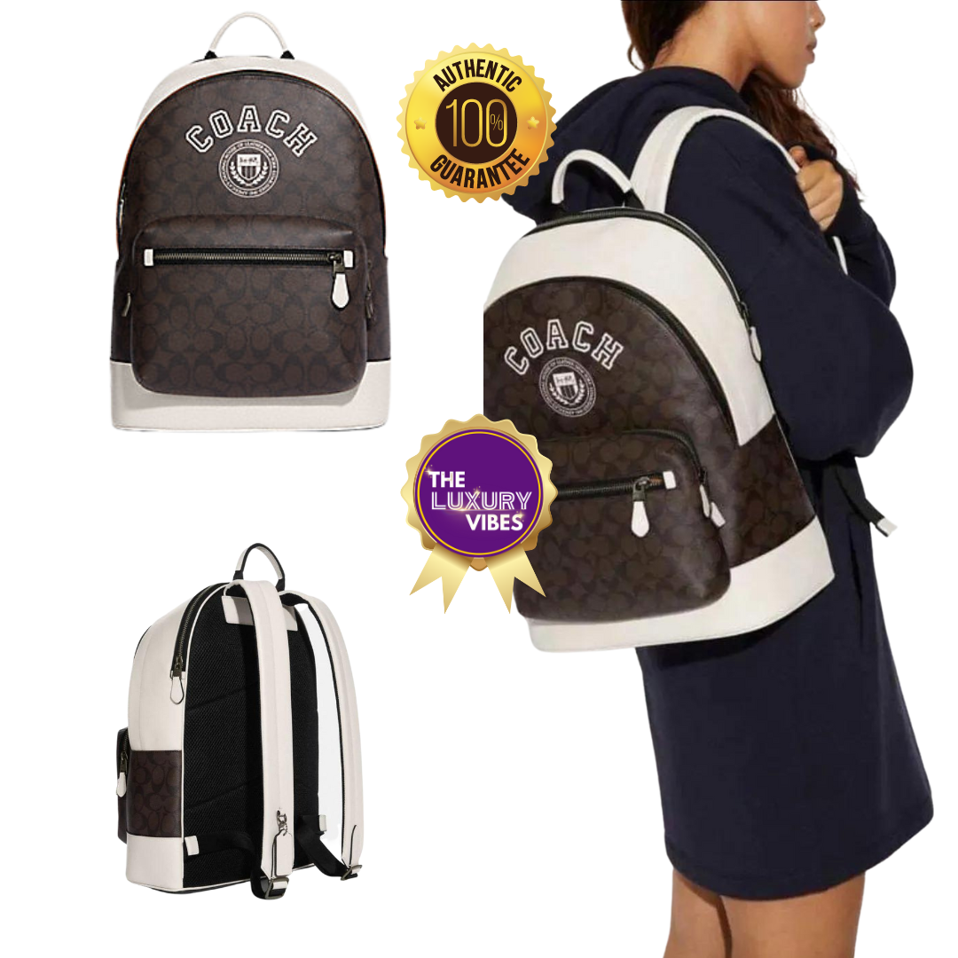 COACH West Backpack in Signature Canvas with Varsity Motif - White CB909