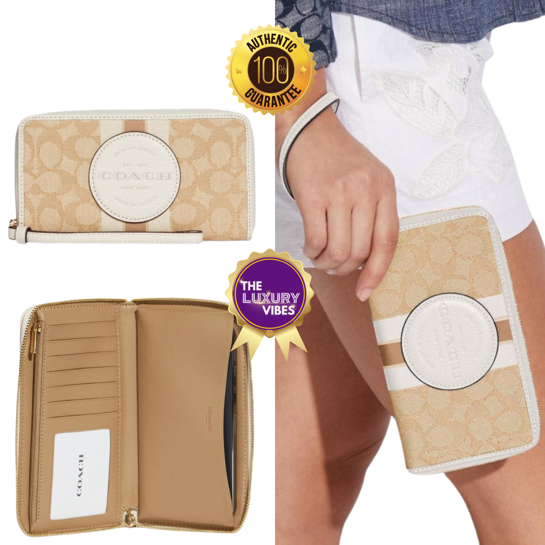 Coach Dempsey Large Phone Wallet in Signature Jacquard with Stripe and Coach Patch - Light Khaki Chalk C9073