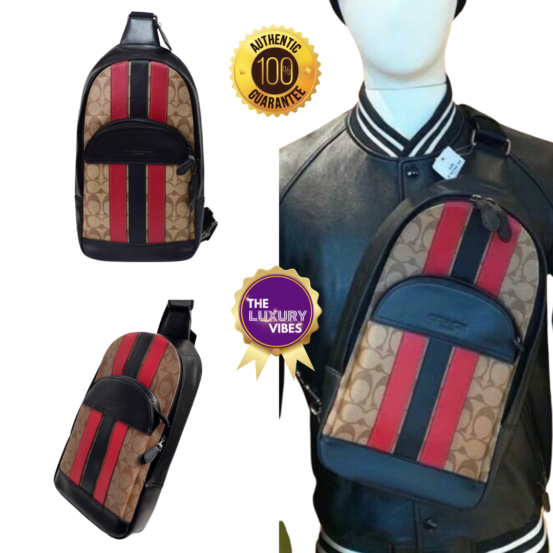 COACH Houston Pack with Signature Canvas With Varsity Stripe in Red black F85035