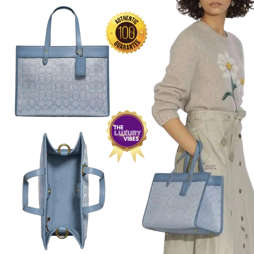 COACH Field Tote 30 with Signature Jacquard Light Blue C3282